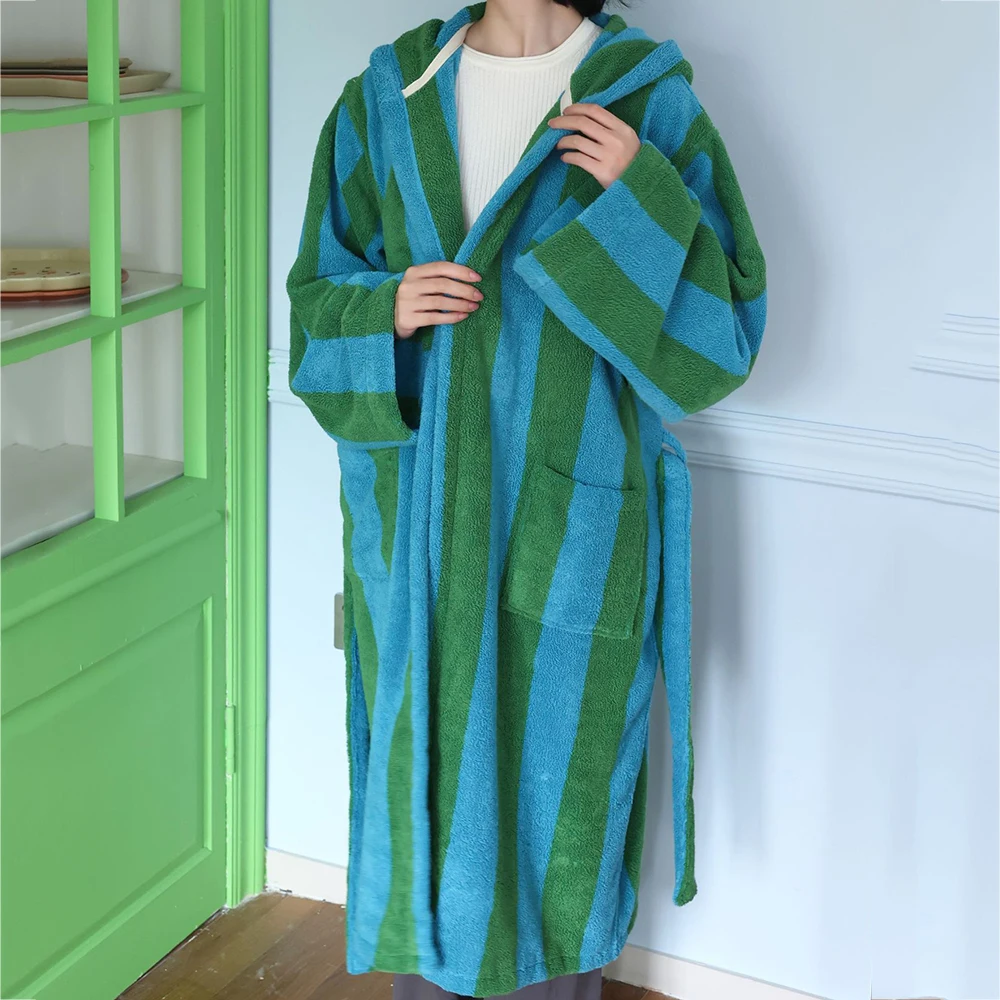 Retro Striped Female Hooded Bathrobe Terry Towel Long Robe Sleepwear Autumn Combed Cotton Nightwear Loungewear Loose Homewear