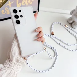 Crossbody Necklace Lanyard Candy Transparent Soft Phone Case - Clear Cover - Galaxy S23+ (White)
