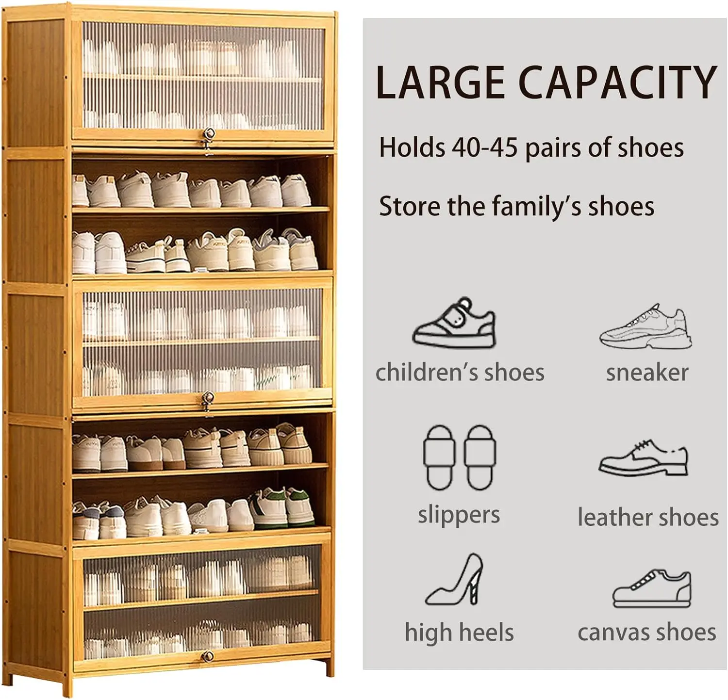 10 Tiers Bamboo Shoe Cabinet Flip Doors Large Shoe Cabinet for entryway 40-45 Pairs Storage Tall