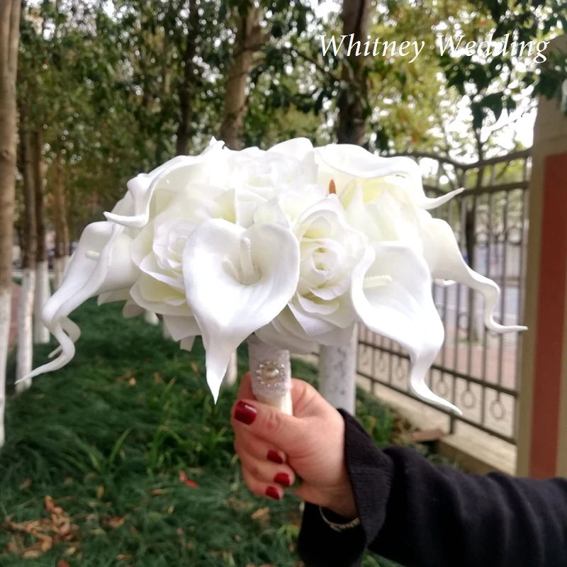Simple Round White Roses Wedding Flowers Real Touch Calalily Bridesmaid Bridal Bouquet Deco Mariage