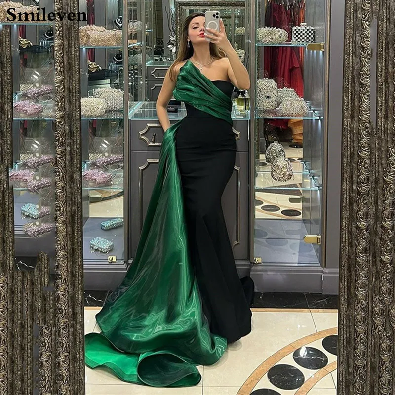 

Smileven Green And Black Mermaid Evening Dress Strapless Organza Prom Dresses robe de soirée Long Sleeve Satin Party Gowns