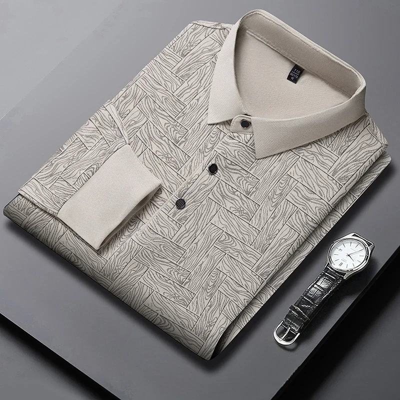 Polo Shirt Men Business Casual Long Sleeved Solid Color Top