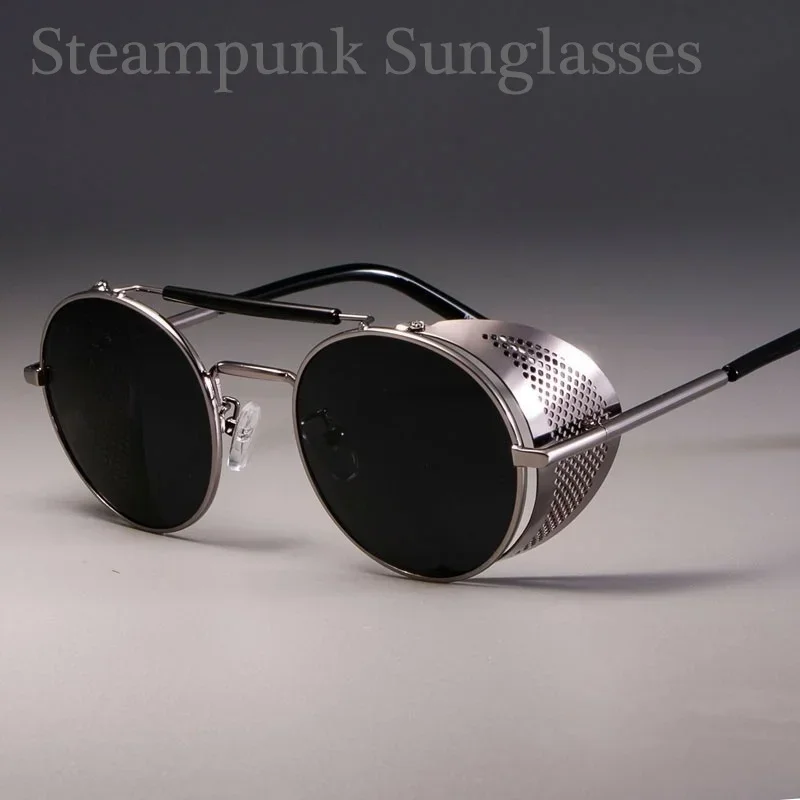 Vintage Steampunk Round Metal Sunglasses with UV Protection