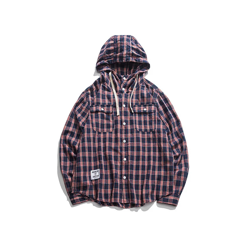Fashion Classic Autumn Plaid Hooded Shirt Men's Outdoor Trekking Camping Yoga Fitness Labor Cargo Couple Casual Long Sleeve Tops