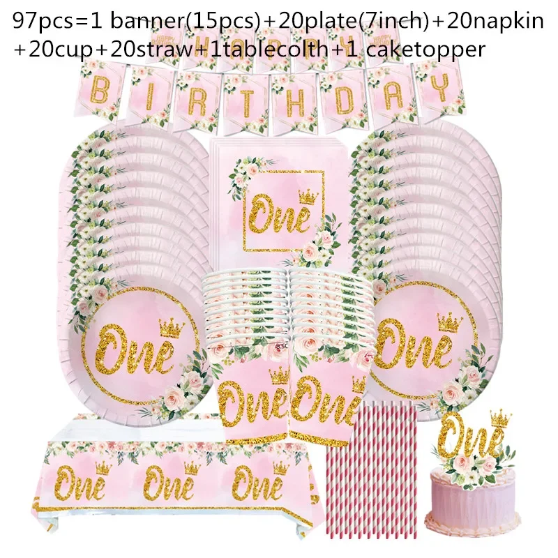 

Розовая одноразовая посуда на первый день рождения, тарелка, соломенная салфетка, чашка для будущей мамы, 1 год, для дня рождения девочки, 10-20 шт.