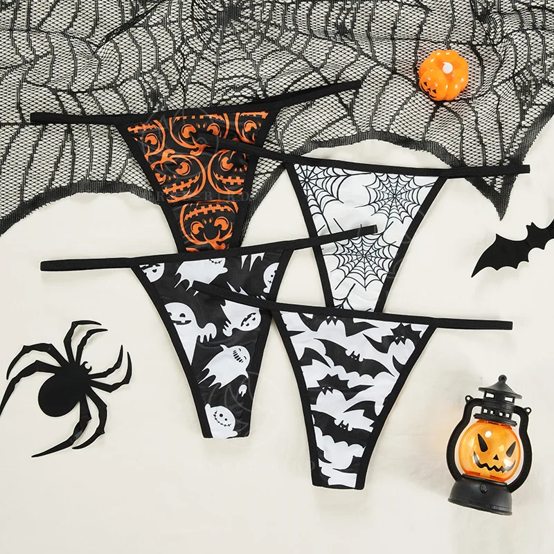 

Spider Bat Pumpkin Print Lingeries for Woman Halloween Thin Strap Low Waist Breathable Invisible Thong Hot T Back Female Panties