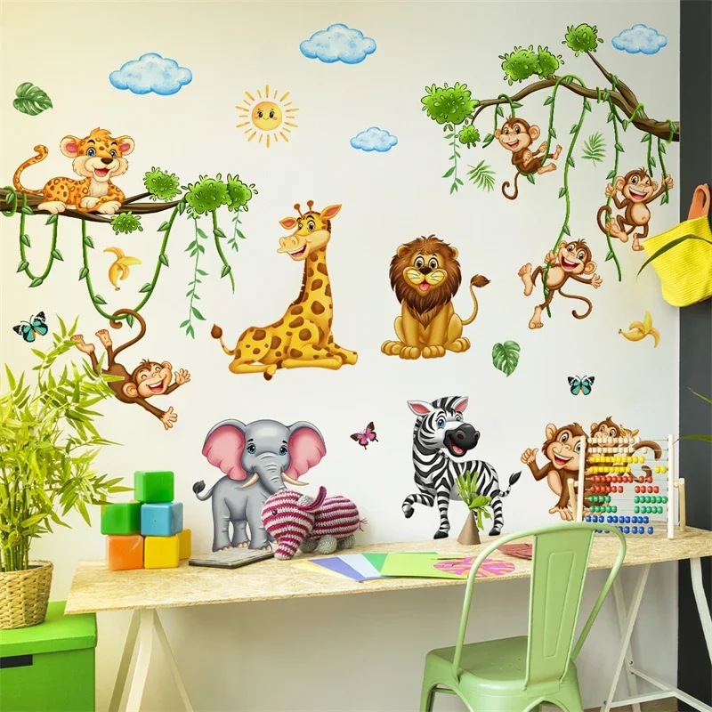 Large Forest Animals Wall Stickers Cartoon Zoo Giraffe Monkey Vinyl Decals for Kids Room Children Baby Room Bedroom Decoration
