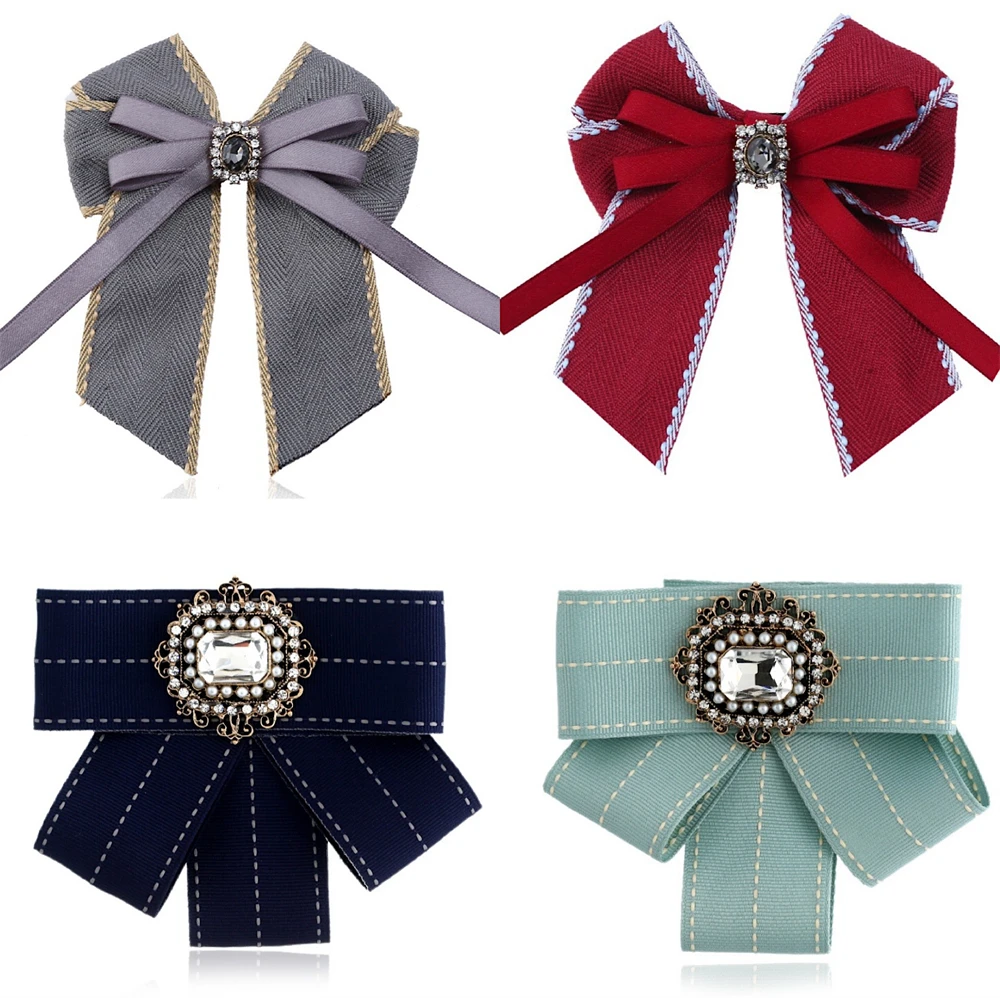 

Korean Fabric Bowknot Brooches for Student Girls Crystal Rhinestone Collar Pin Ribbon Shirt Neck Bow Tie Jewelry Accessories