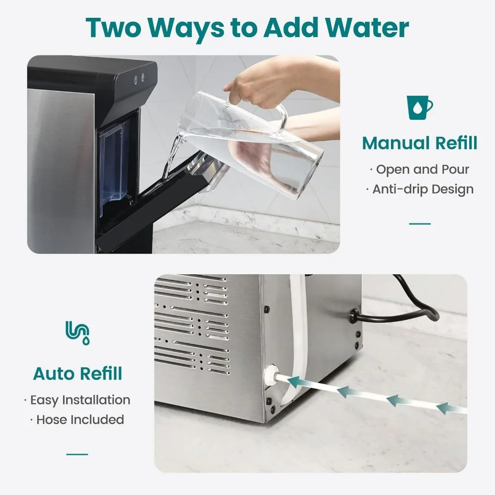 Household countertop ice maker, self-cleaning particles open and pour in water to replenish, stainless steel shell black