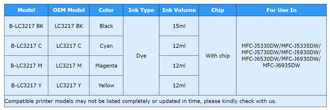 Compatible ink Cartridge for LC3217 for MFC-J5330DW/MFC-J5335DW/MFC-J5730DW/MF