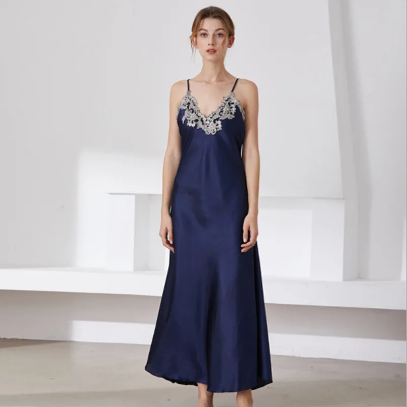 Thin V-neck Slip Dress Female Minimalist Leisure Pajamas Imitation Silk Sleepwear Lace-trimmed Nightgown Home Clothing for Women