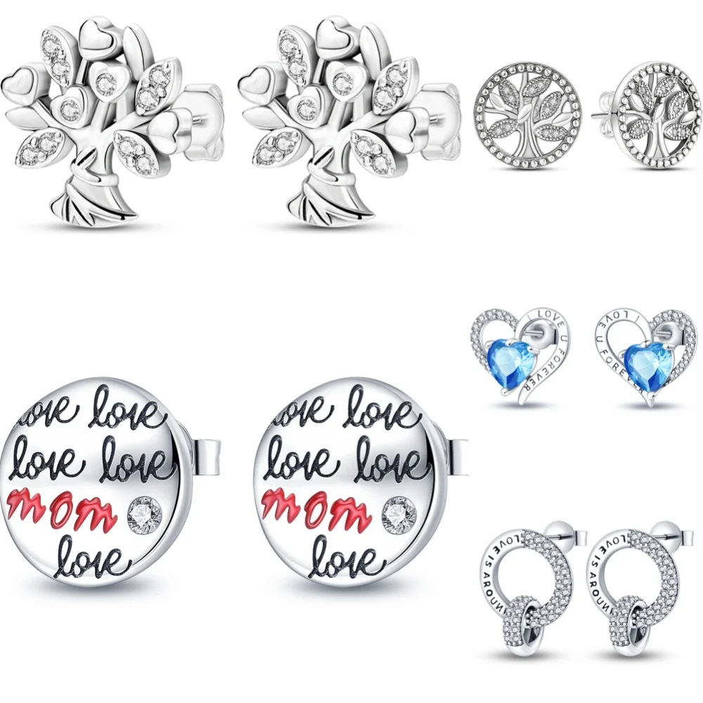 

925 Sterling Silver Mom Family Friendship Series Stud Earring Zircon For Women Exquisite Daily Wear Jewelry Accessories Gift