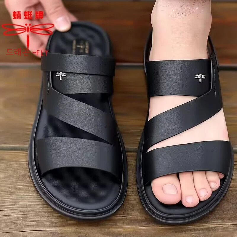 잠자리 브랜드 샌들 남성 여름 2024 새로운 샌들 외부 착용 듀얼 사용 드라이버  가죽 샌들 남성용