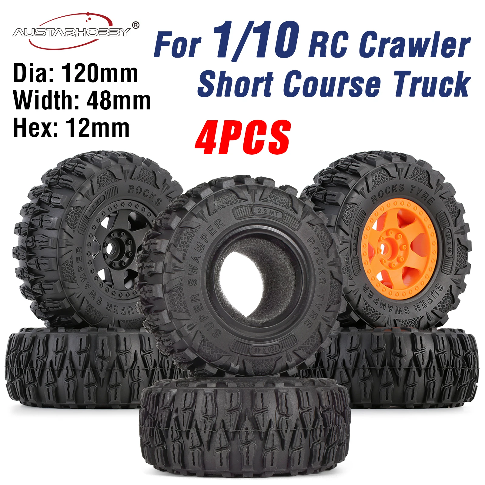 

AUSTARHOBBY 2.2in 1/10 RC Crawler Beadlock Wheels and Tires Rims Set Mud Tire for Axial SCX10 TRX4 TRX-6 Short Course Truck Car