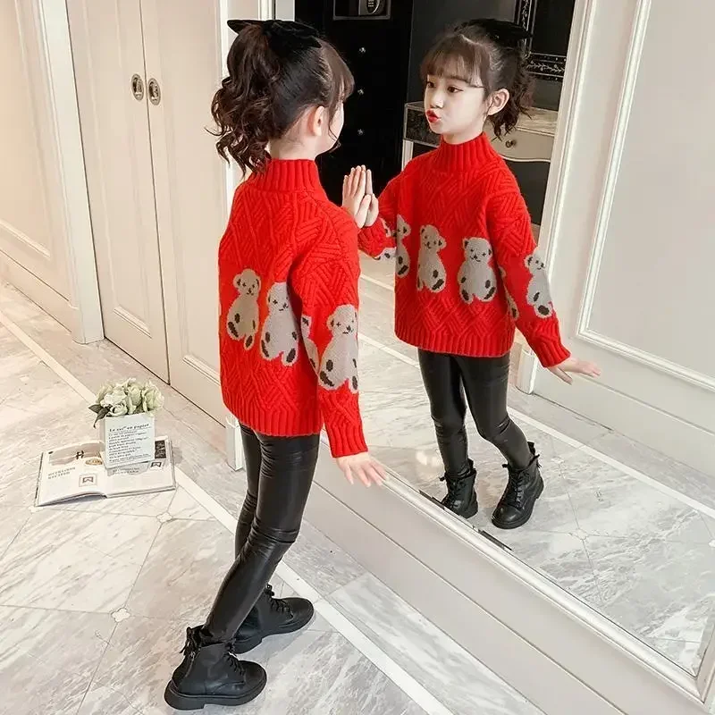 

New Western Style Children's Autumn Winter Sweater Fleece-Lined Thickened Medium and Big Children's Sweater Turtleneck Women's