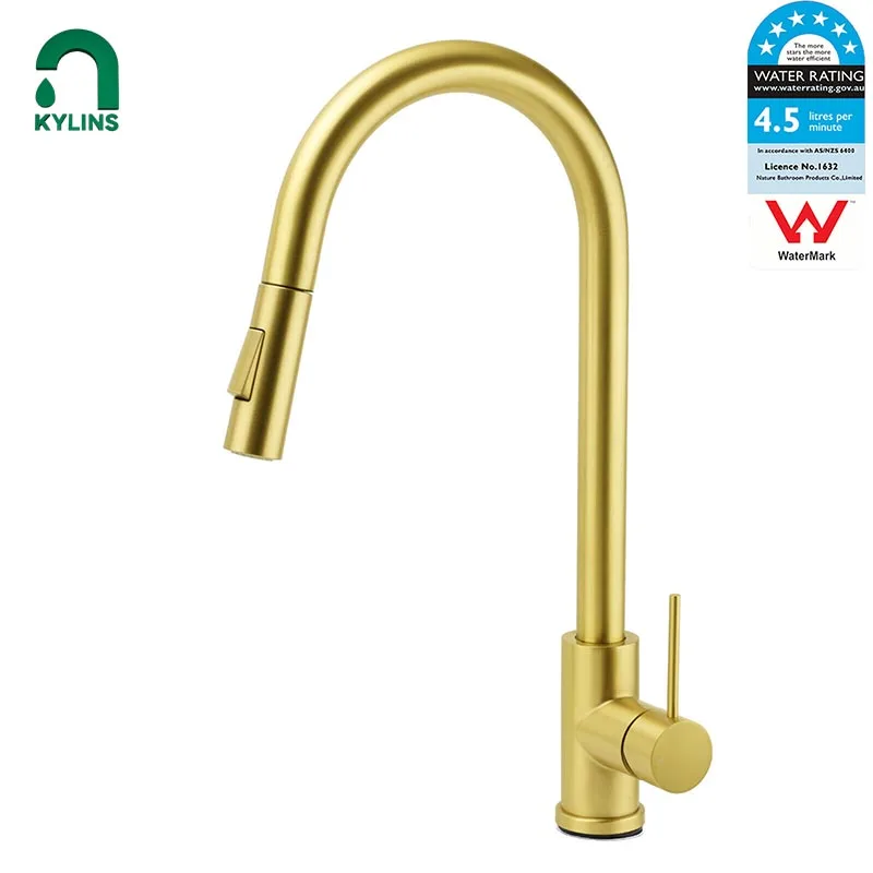 

KYLINS Brushed Kitchen Taps Stainless Steel Golden Faucet for Kitchen Sink Pull Out 2 Mode Water Mixer Washbasin Faucets Basin