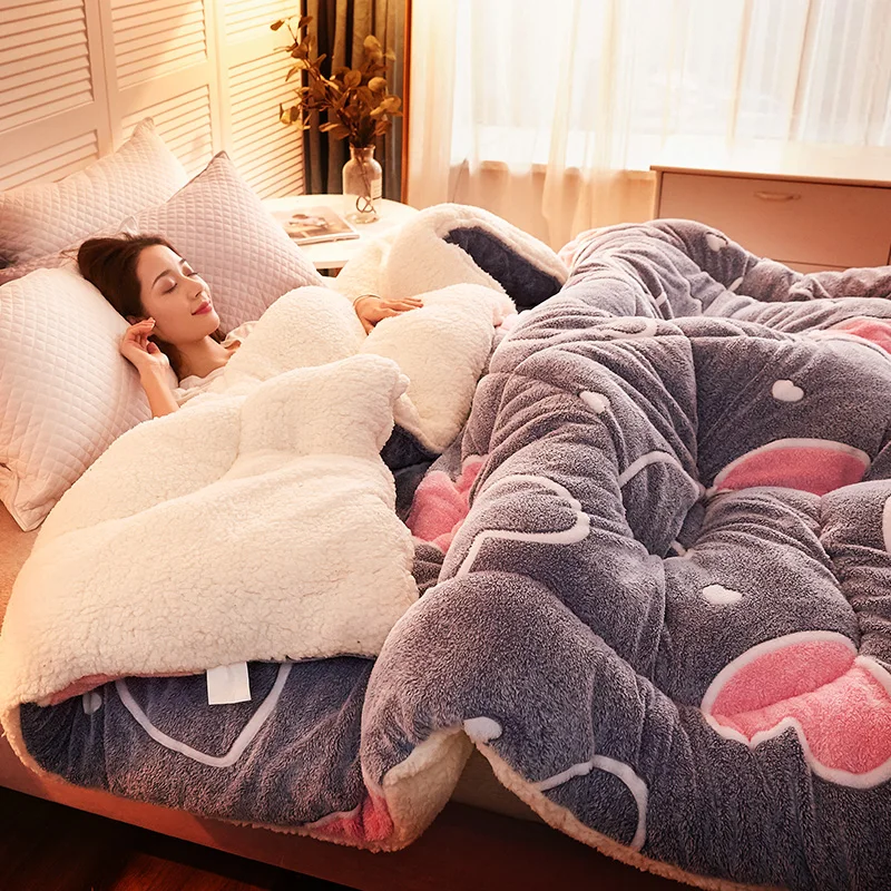 Bed Comforter Lamb velvet super warm quilt winter thickening warm coral fleece blanket bed single double dormitory student flannel comforter