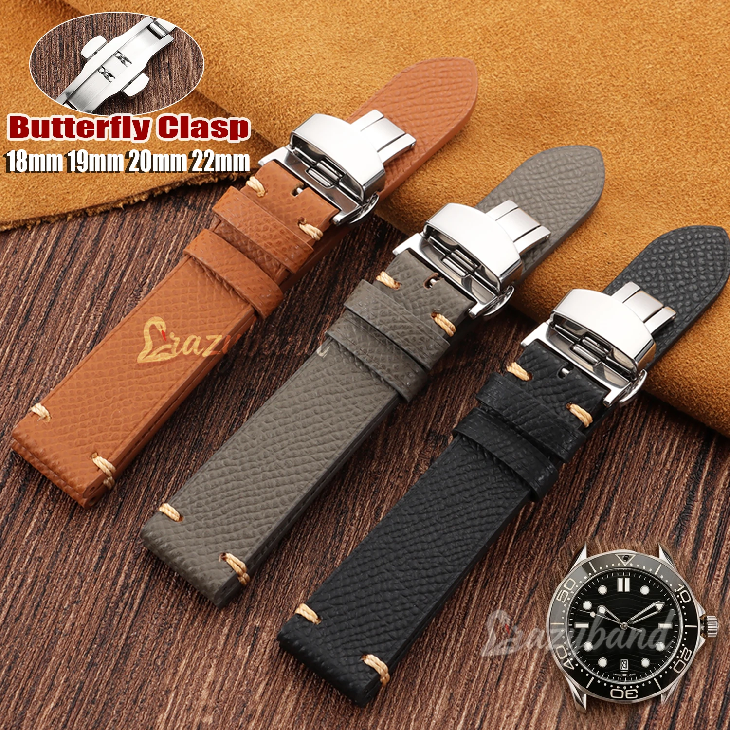 Vintage Waterproof Leather Watch Band with Butterfly Buckle - Universal Strap