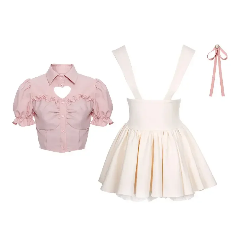 Early Spring New Sweet Girl Suit Women's Pink Bubble Sleeve Shirt Top Apricot Strap Dress Two Piece Set Fashion Female Clothes