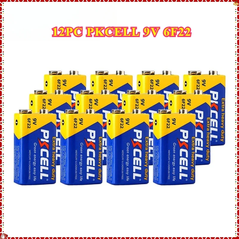 12PC PKCELL 9V 6F22 9 Volt Battery Equal to CR9V ER9V 6LR61 batteries Extra heavy duty Carbon Zinc Battery for electronic therm
