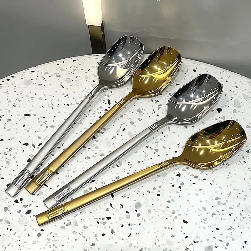 Portable Gold Silver Soup Spoons Long Handle Stainless Steel Dessert Spoon Dishwasher Tableware Stirring Spoon for Kitchen Tools