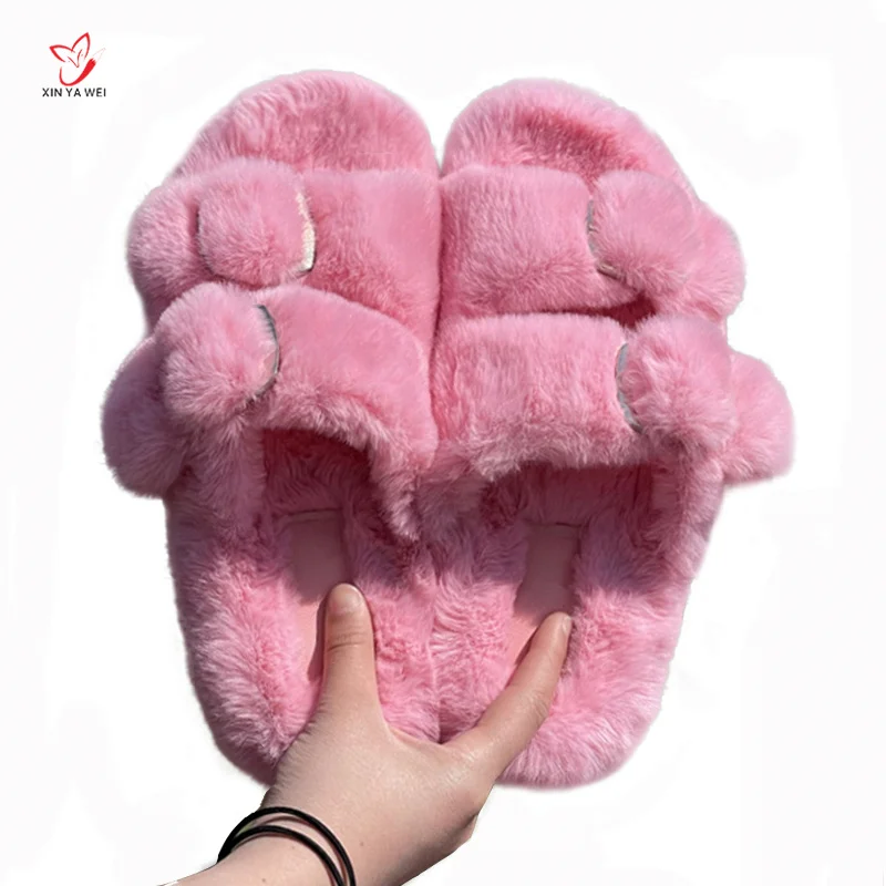 Winter Faux Fur Slippers Women Fluffy Slipper Warm Shoes Woman Slip On Flats Female Slides Pink Cozy Outdoor Furry Slippers