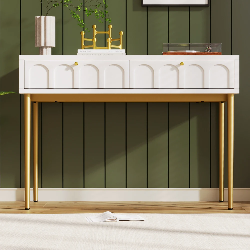 PINGGO Cremeweiße Schminkkommode 100x45x76,5cm mit 2 Schubladen Schlafzimmer-Kommode Sideboard zur Aufbewahrung im Schlafzimmer – Detail 1
