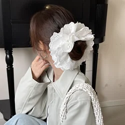 Vintage White Lace Scrunchy - French - Inspired Hair Accessory with Leather Band (White)