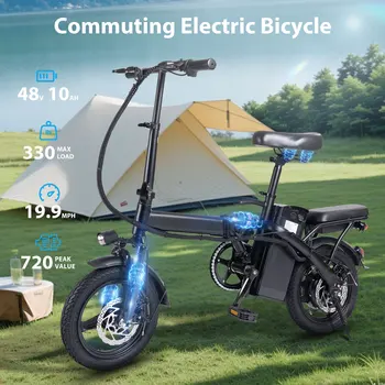 400W dual disc brake adult foldable electric bicycle with seat and basket 14 inches 48V 10.4Ah 22 mile range 20MPH 1