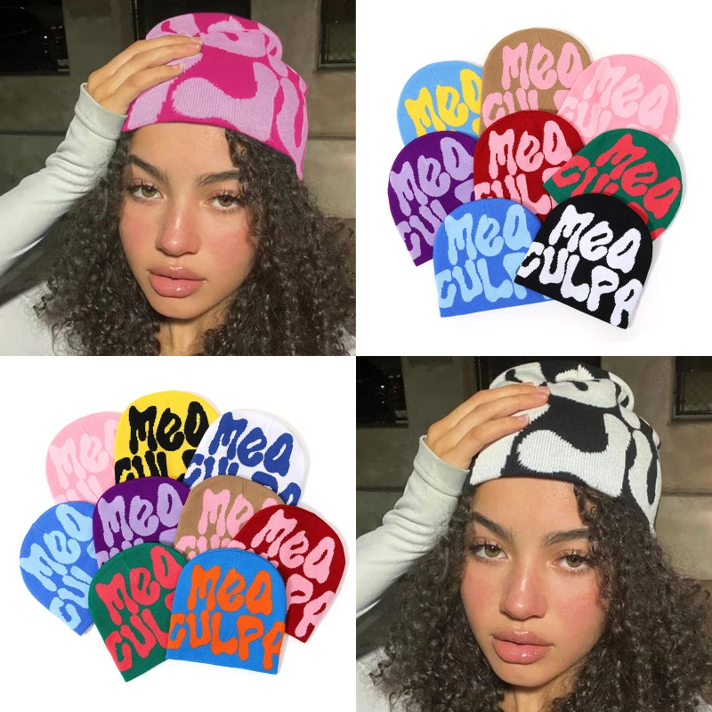 

New Punk Hip-hop Hat Y2k Letter Fashion Retro Wool Knitting Beanies Hat Men High Quality Embroidery Jacquard Hat Women Warm Cap