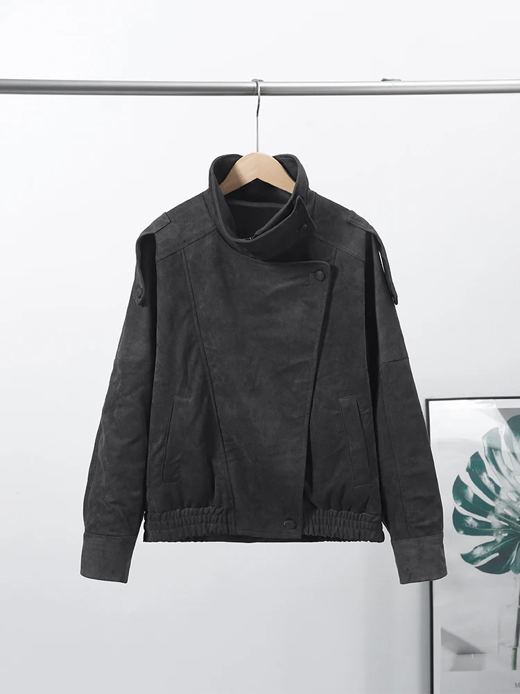 Kunstleder-Jacke mit Seitenreißverschluss für Damen, Streetwear mit Stehkragen, Laternenärmeln und Raffungen, Frühjahrs-Chic-Oberbekleidung – Detail 3