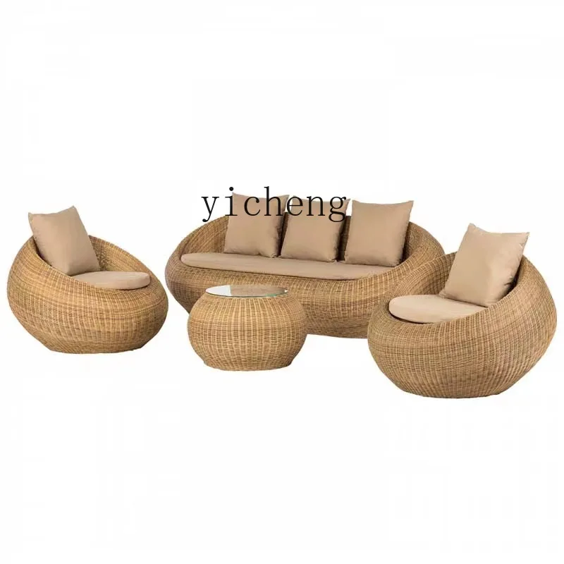 

ZC Outdoor Sofa Courtyard Terrace Rattan Chair Three-Piece Tea Table round Garden Leisure Rattan Furniture Combination