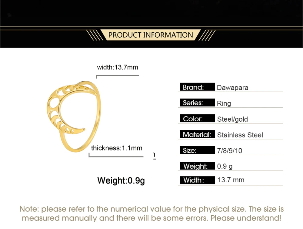 Dawapara Halbmond Mode Damen Ring Mond Mondphase Hexe Edelstahl Glücksamulett Minimalistischer Schmuck – Detail 4