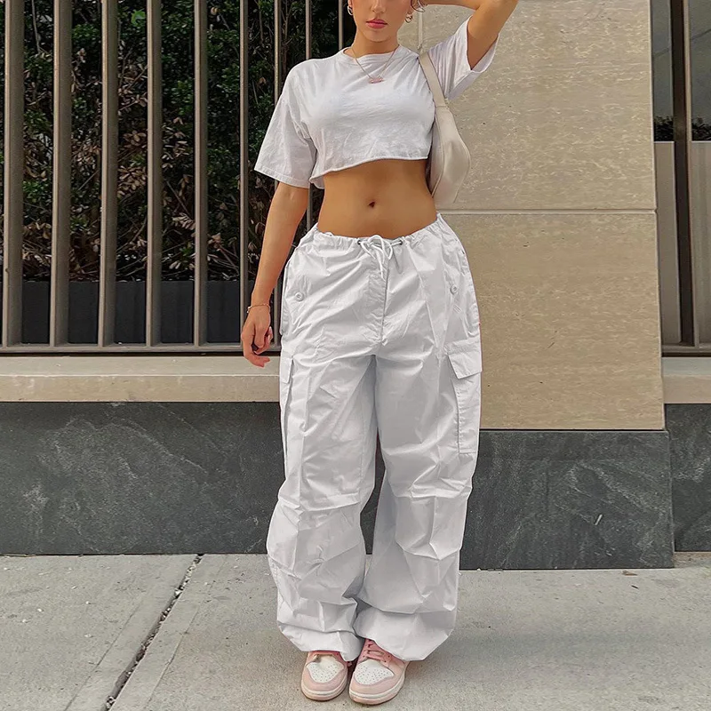

EkaliyCasual Baggy Wide Leg Sweatpants White Loose Drawstring Low Waist Streetwear Cargo Pants Womens Hippie Joggers Trousers