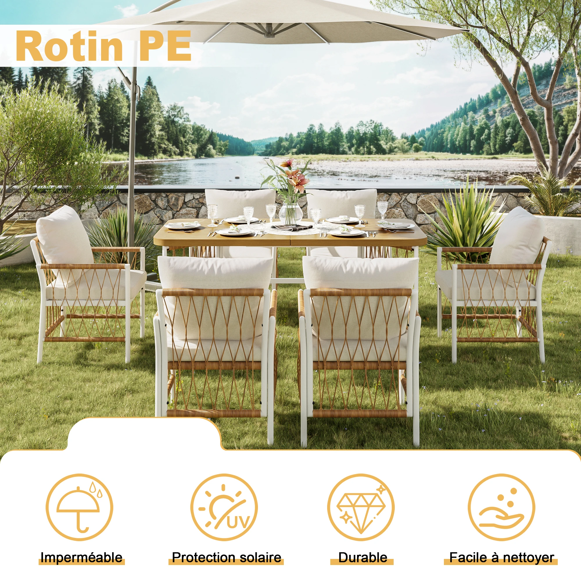 Modernes Outdoor-Set, Freizeit- und Besprechungsset für mehrere Personen, Eisenrahmen, geflochtene Armlehnen, Sitzkissen inklusive. – Detail 16