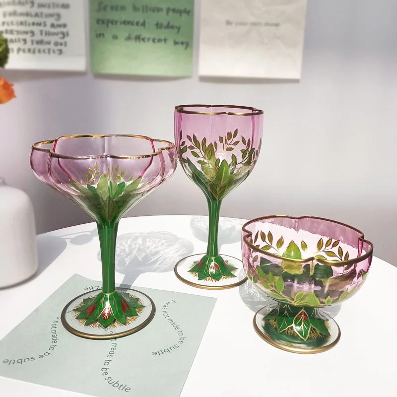 

French Romantic Medieval Champagne Cup Crystal Glass Red Wine Cup Pink Hand Painted Ice Cream Bowl Vintage Flower Goblet