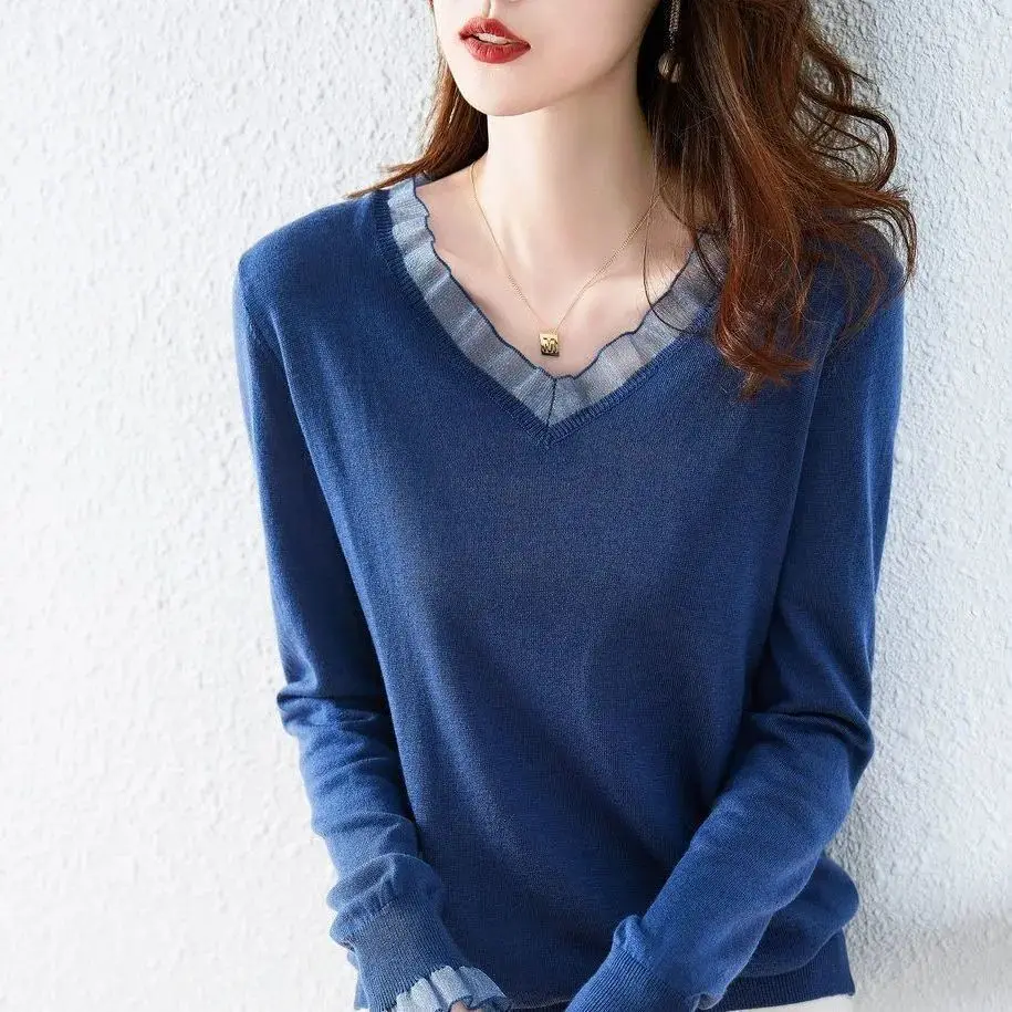 

Women Solid V-neck Long Sleeve Knitted Pullover Autumn Winter Loose All-match Lotus Stitching Bottoming Sweater M-4XL