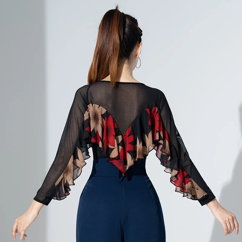 Adult Women Ballroom Costume Modern Latin Dance Top Chest Pad Long-sleeved Chiffon Lady Sexy Mesh Fabric Dancewear girl dance costume