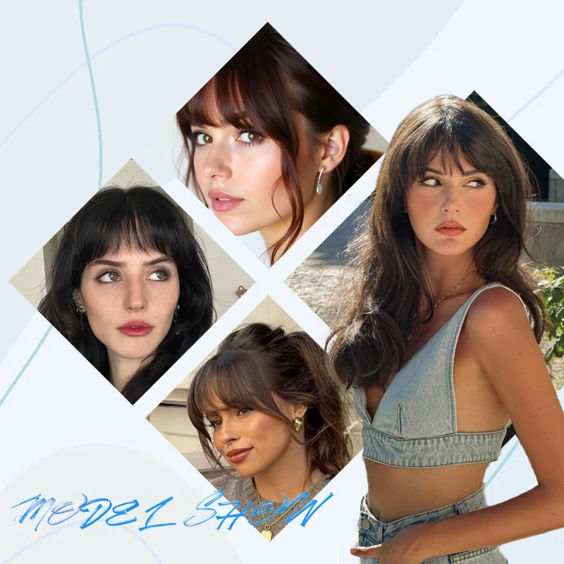 Synthetic Clip in Hair Bangs Wig Wispy Bangs Hair Clip with Wavy Temple Hairpiece Fake Front Bangs Extension for Women Daily Use