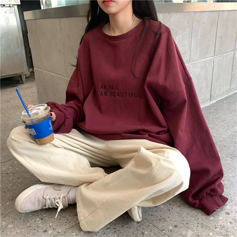 

2023 New Autumn Korean Version Hong Kong Style Simple Letter Student Top Loose and Thin Long Sleeve Sweater Women's Wear