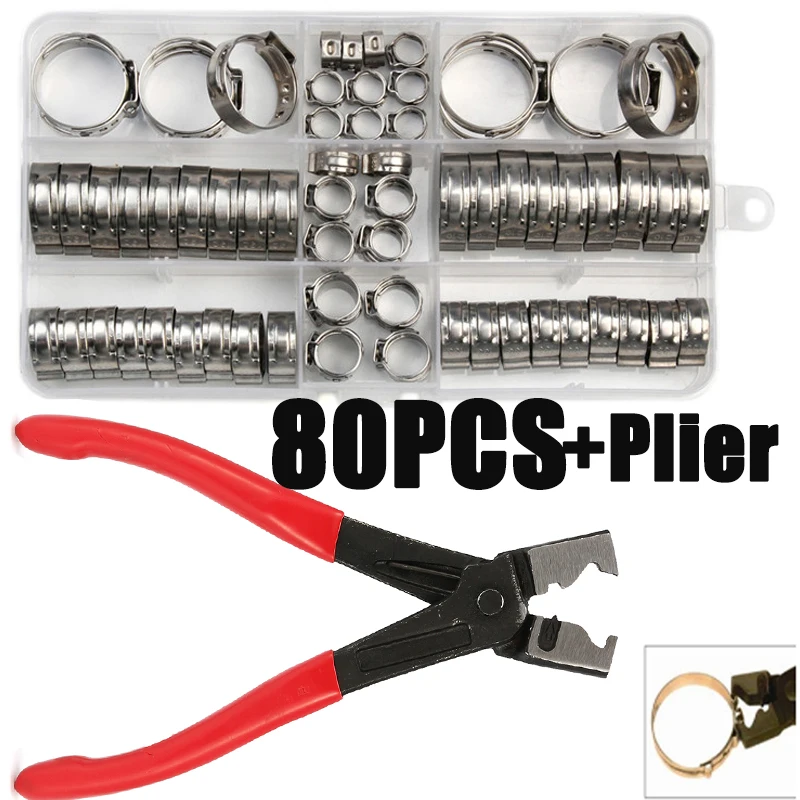 

80pcs Ear Stepless Clamp Stainless Steel Worm Drive Fuel Water Hose Pipe Clamps Clips OR 1PC Hose Clip Clamp Pliers