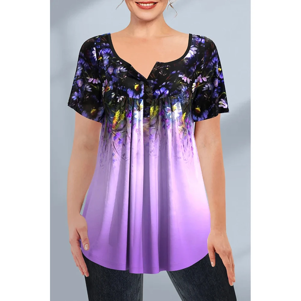 plus size lace patchwork floral print 3 4 sleeve blouse Plus Size Short Sleeve Floral Print Button Detail T Shirt