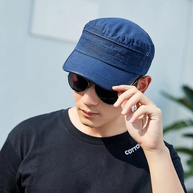 TOHUIYAN Classic Cadet Army Cap For Men Solid Washed Cotton Flat Top Caps  Casual Male Gorra