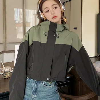 Deeptown 여성용 크롭 바람막이 재킷, Kpop Y2k 스트리트웨어, 많은 의류, 후드 집업 짧은 재킷, 가을 겨울