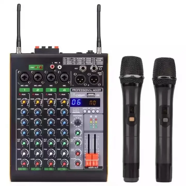 YYHC 휴대용 4 채널 16DSP 믹싱 콘솔, 무선 마이크 포함, DJ 믹서, USB 녹음, 48V 팬텀 파워 오디오 사운드