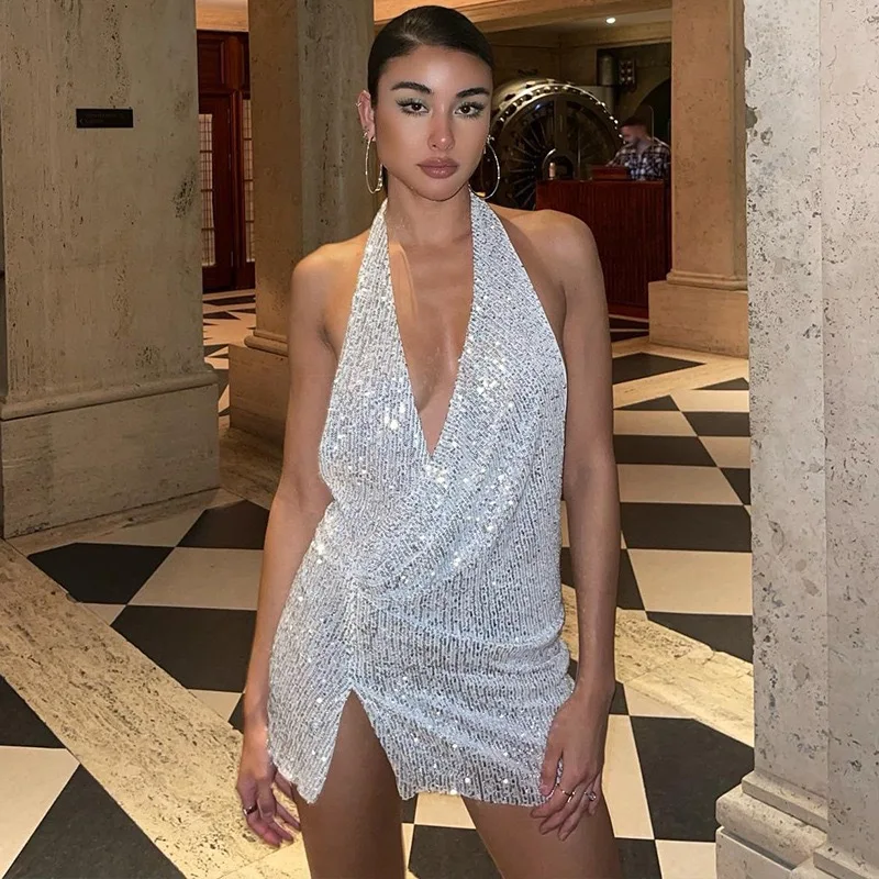 

2023 Shine Sequined Halter Sleeveless Backless Slit Sexy Bodycon Mini Prom Dress Fall Women New Evening Party Club Y2K