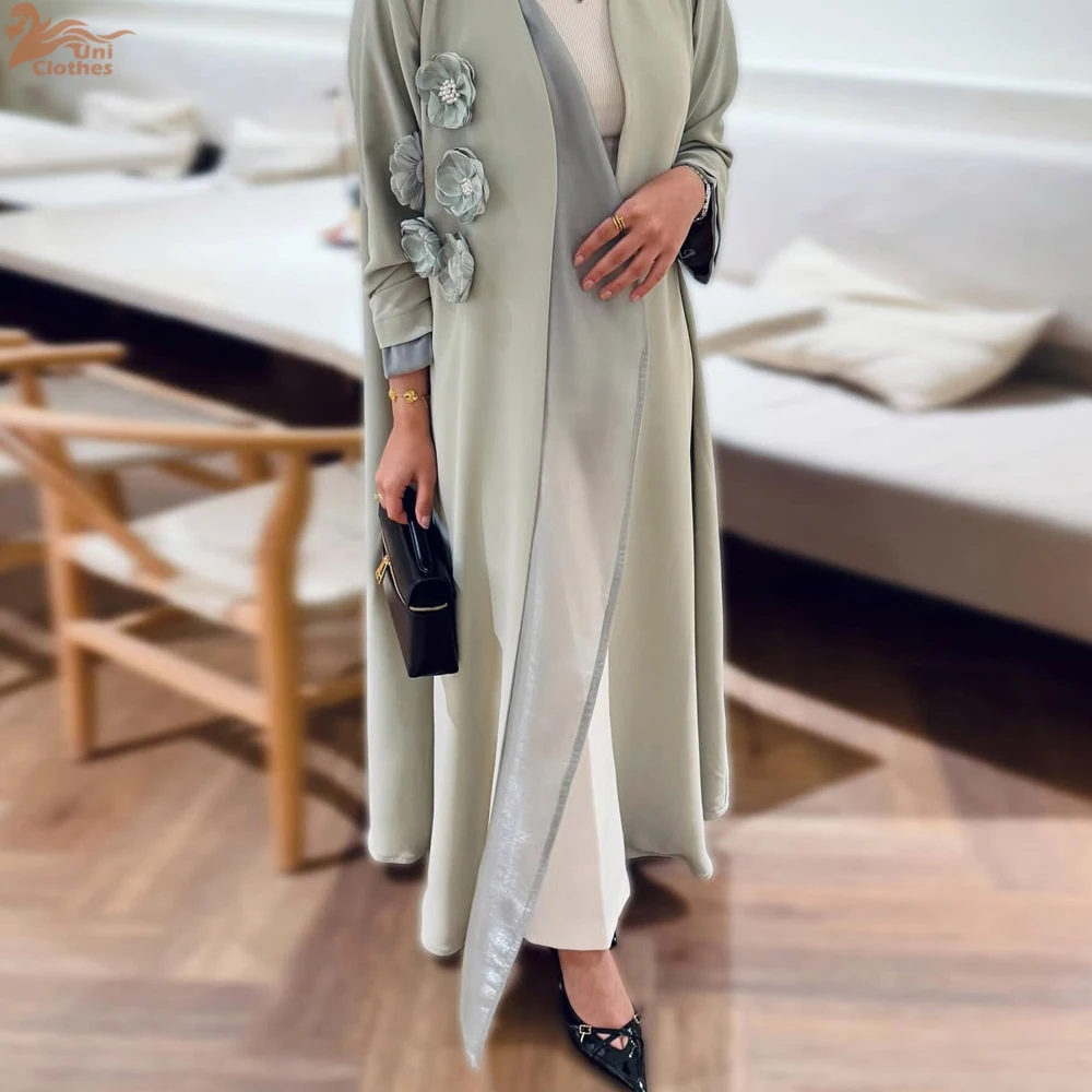 Uni Muslim Elegant Patch Designs Women Open Abaya Dubai Solid Beading Cardigan V-Neck Kaftans