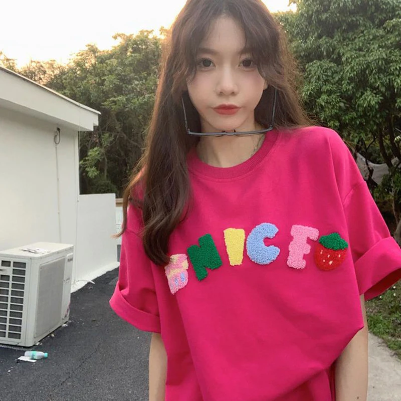 여성용 산뜻한 자수 루즈핏 O넥 얇은 반팔 비치 티 셔츠, 한국 레터 화이트 탑 티, 여름