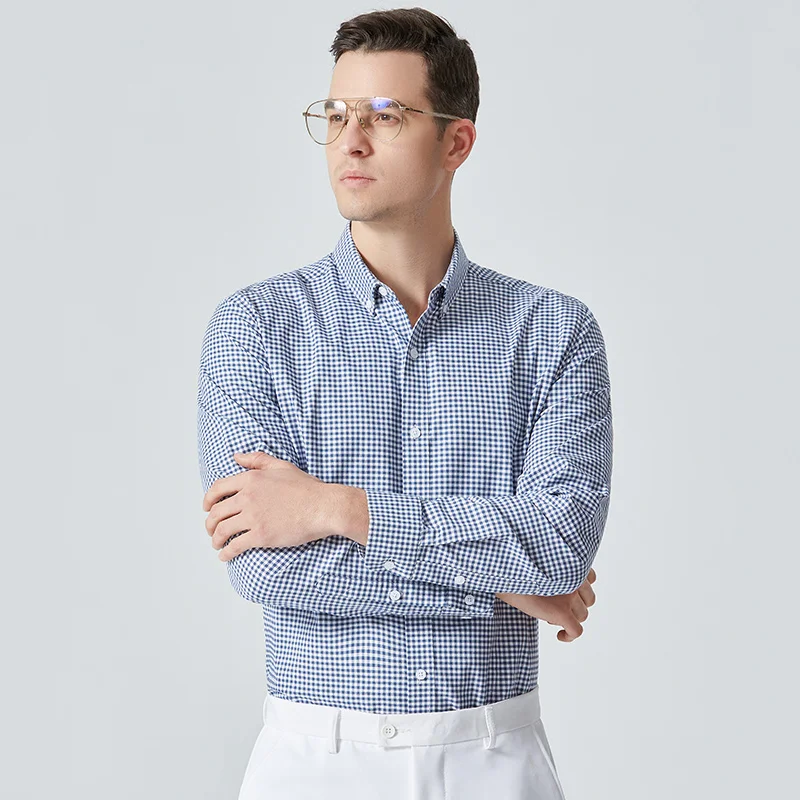 

Мужская классическая рубашка в клетку, повседневная офисная рубашка из чистого хлопка с длинными рукавами, Весна 100%