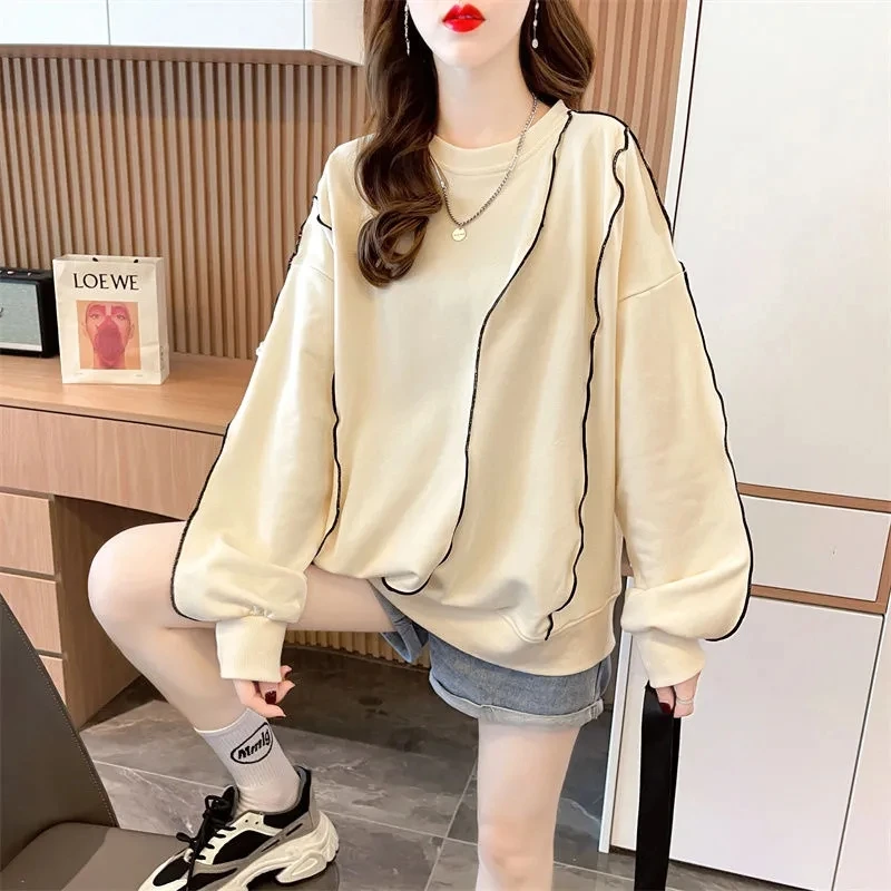

Solid Color Loose Lantern Sleeve Sweatshirts Women Three-dimensional Bright Line Decoration Casual O-Neck Femme Clothing Hoodies